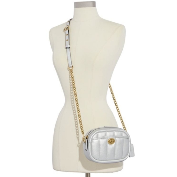 Coach Camera Crossbody Bag Silver Quilted Leather with Chain Strap - Picture 8 of 12
